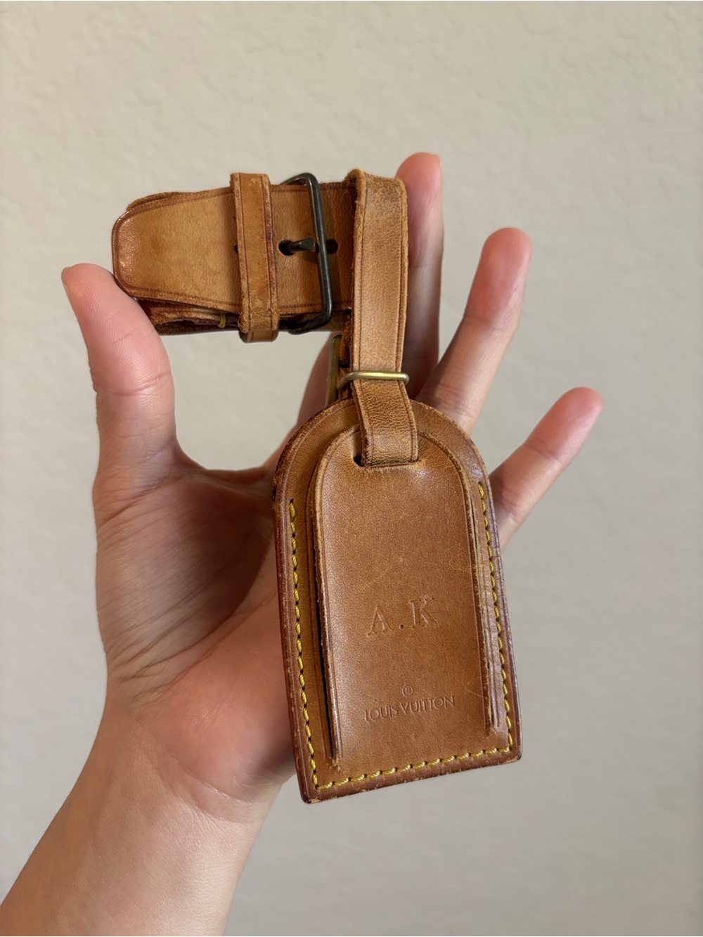 Louis Vuitton Tan Leather Luggage Tag with ‘AK’ Initials